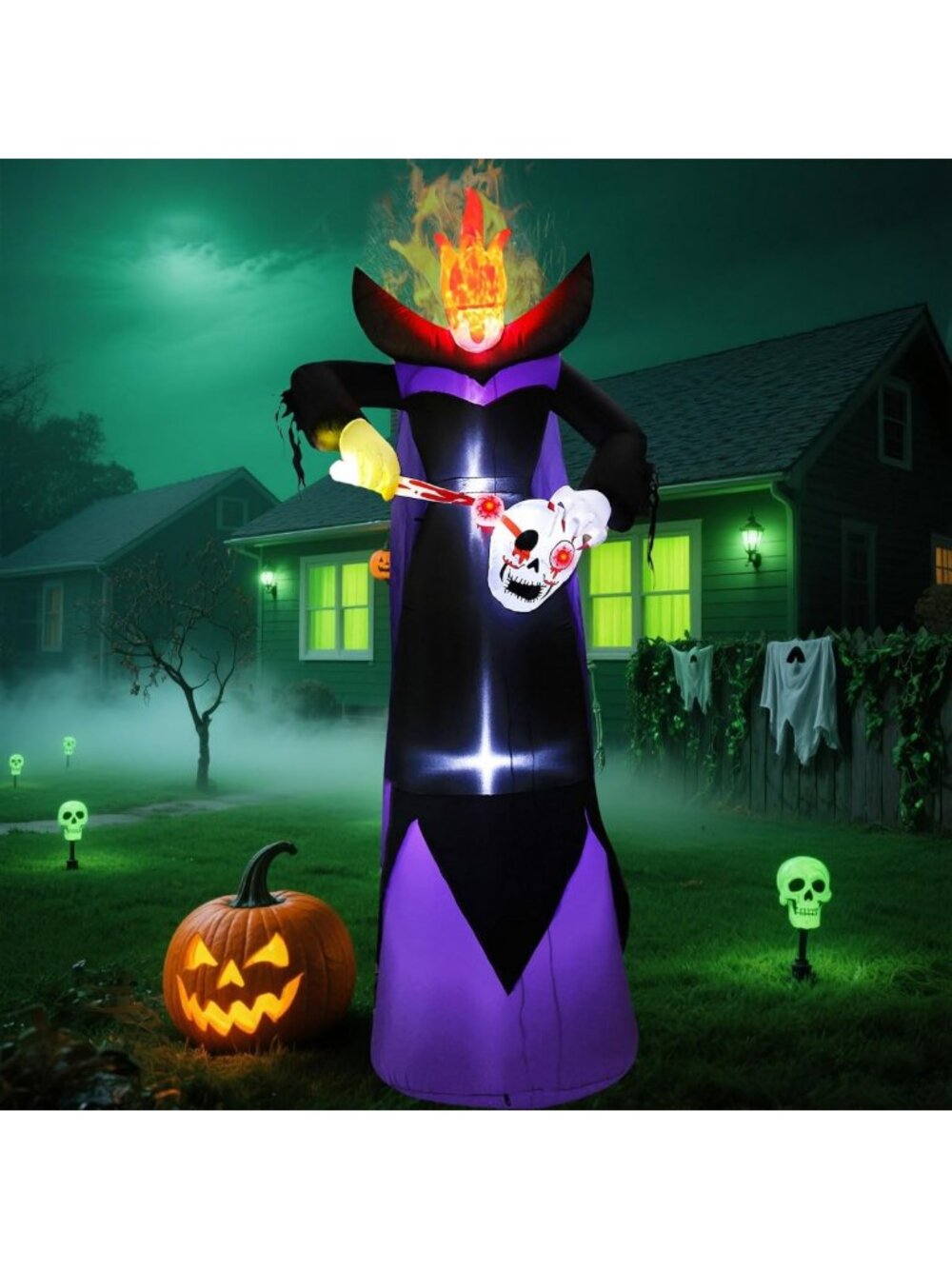 10FT Spooky Halloween Inflatable Headless Grim Reaper with LED Flame Lights